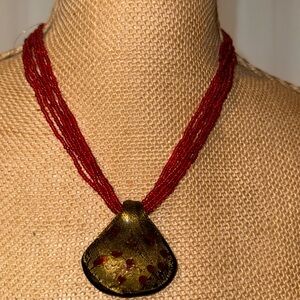 La Dolce Fabulous glass pendant on the red beaded necklace, 18”, original box